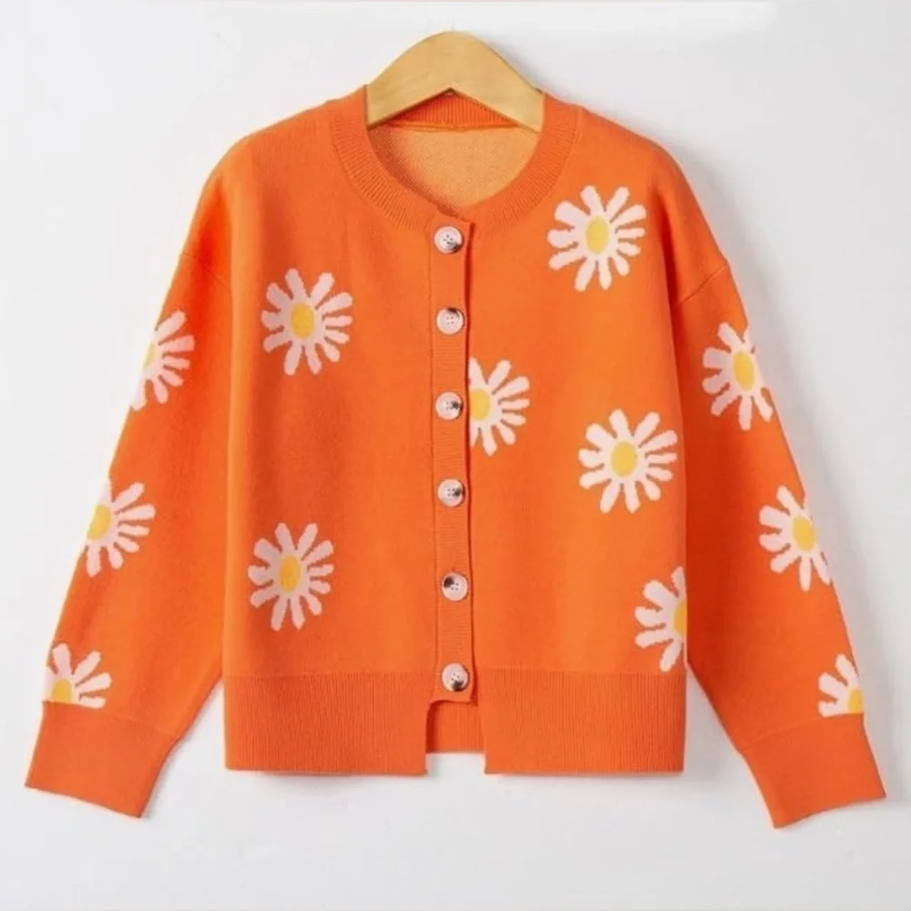 ZOCAVIA Vintage Aesthetic Cable Knit Sweater Sz.M ORANGE/WHITE DAISY PRINT